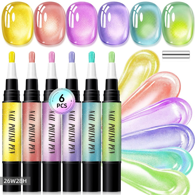 💅💜Kit de Stylos Vernis Semi-Permanent Cat Eye Pailleté – Effet Cristal & Reflets Scintillants | Application 2-en-1 | Détails Nail Art | Kit de 6 Pièces ✨🎨