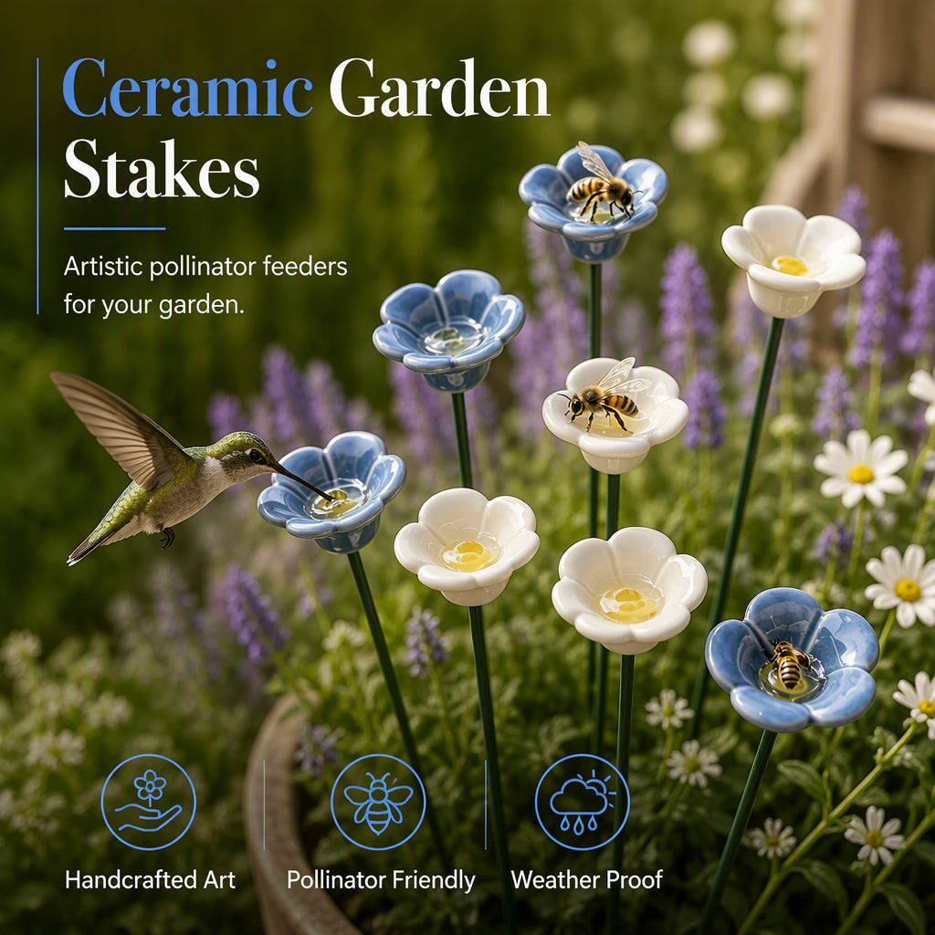 🌼 Fleurs en Céramique avec Abreuvoir pour Abeilles – Décoration de Jardin | Support pour Pollinisateurs | Facile à Installer | Bleu & Blanc | Lot de 5 🐝✨
