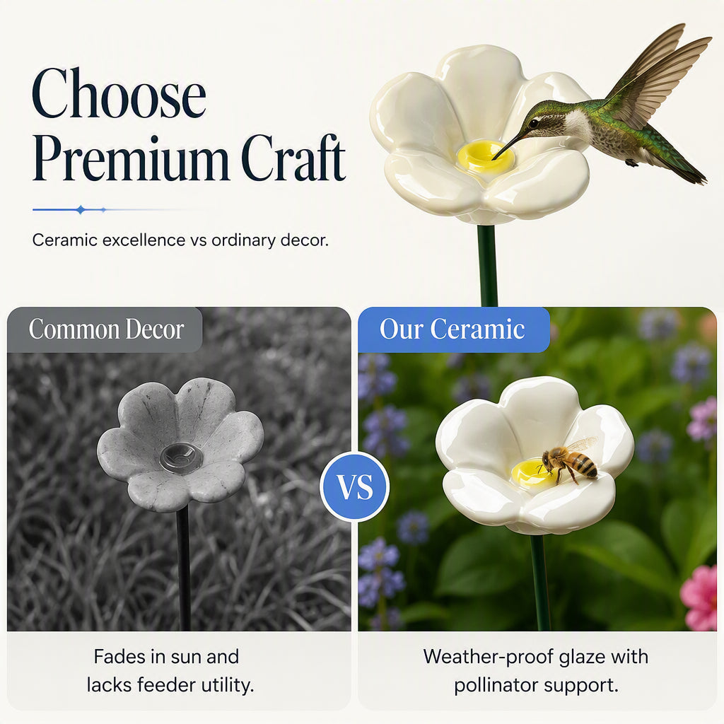🌼 Fleurs en Céramique avec Abreuvoir pour Abeilles – Décoration de Jardin | Support pour Pollinisateurs | Facile à Installer | Bleu & Blanc | Lot de 5 🐝✨