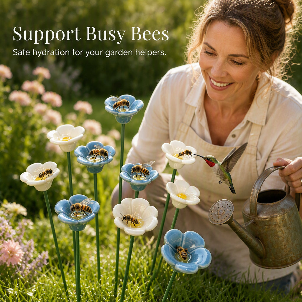 🌼 Fleurs en Céramique avec Abreuvoir pour Abeilles – Décoration de Jardin | Support pour Pollinisateurs | Facile à Installer | Bleu & Blanc | Lot de 5 🐝✨