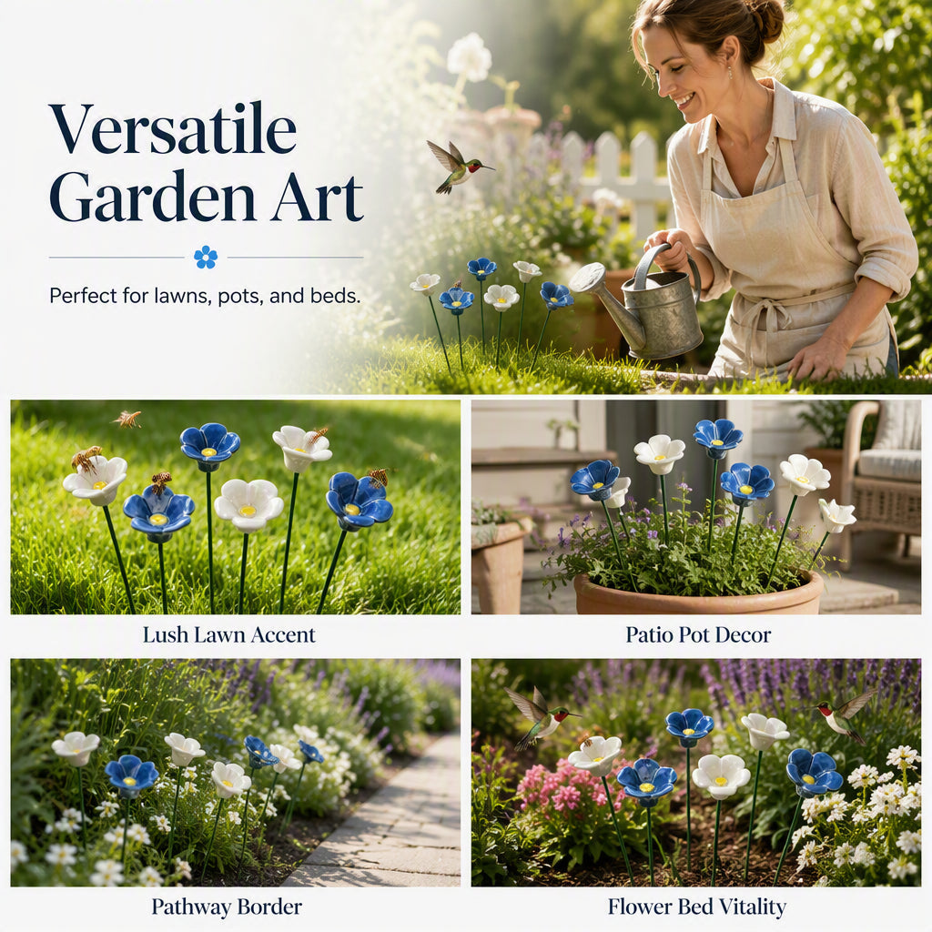 🌼 Fleurs en Céramique avec Abreuvoir pour Abeilles – Décoration de Jardin | Support pour Pollinisateurs | Facile à Installer | Bleu & Blanc | Lot de 5 🐝✨