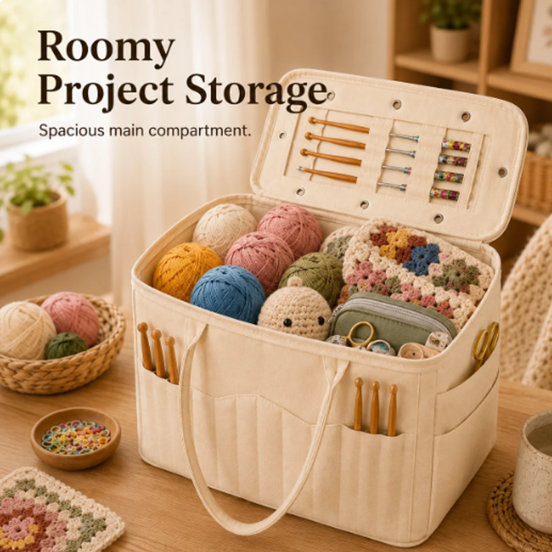 🧶Sac de Rangement pour Fils et Aiguilles à Tricoter en Toile | Trous Anti-Emmêlement et Multiples Poches 🧵 | Idéal pour le Tricot et le Crochet Partout 👜 | Toile Résistante 🛠️