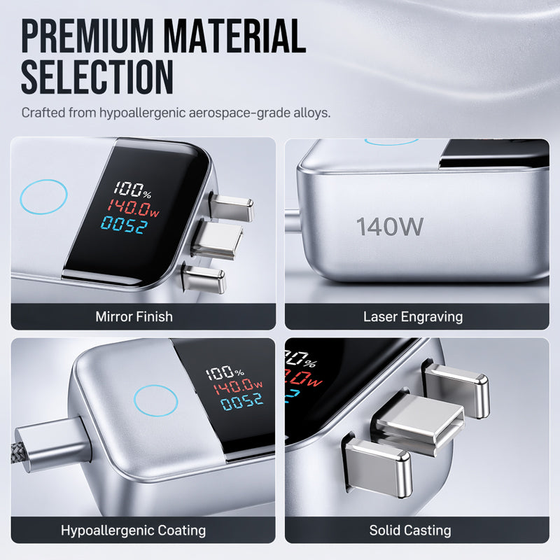 🔋 Protection de Charge USB-C Intelligente | ⚡ Puissance jusqu'à 140W | 📊 Affichage LED en Temps Réel | 🔌 Arrêt Automatique à Pleine Charge | 🌡️ Contrôle de la Température | Pour Smartphones, Tablettes et Ordinateurs Portables