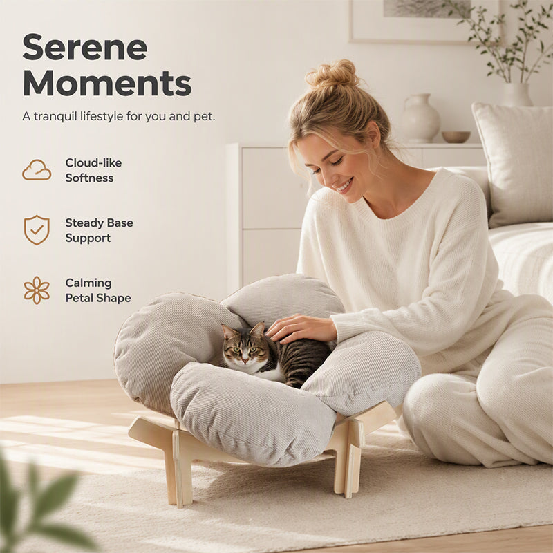 🐾 Lit surélevé en forme de pétale pour animaux | Coussin moelleux en tissu côtelé | Structure stable en bois | 56 × 56 × 25 cm | Gris-Blanc🛏️✨