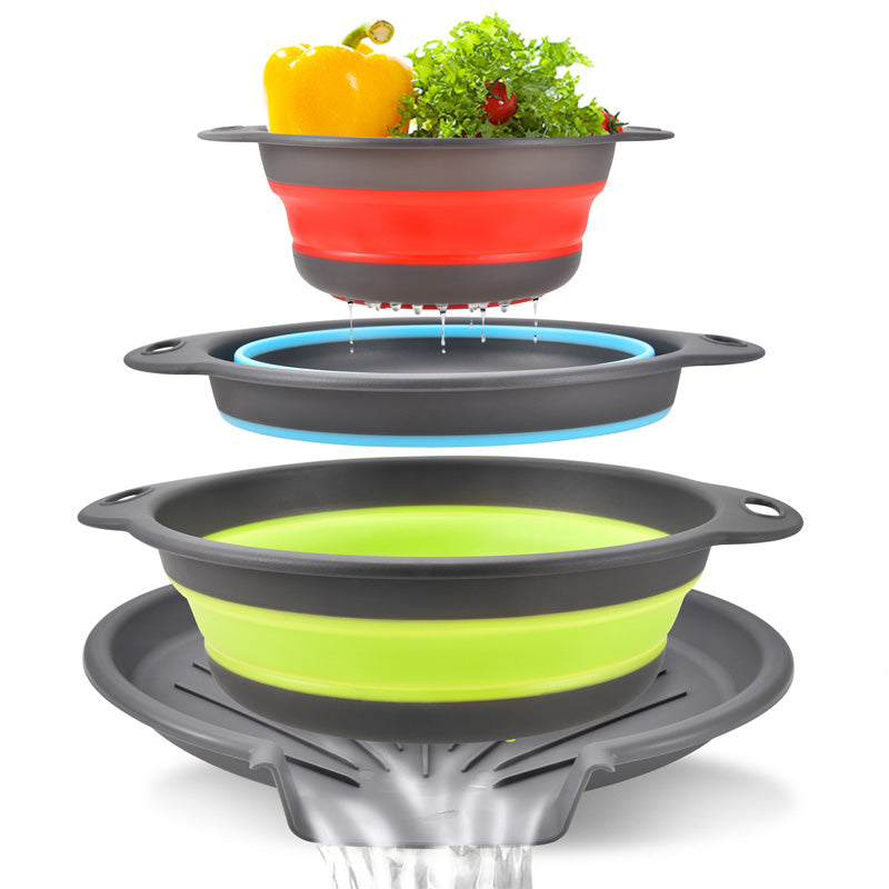 🥗 Lot de 3 passoires pliables avec base de drainage | Peu encombrantes et empilables | Poignées confortables | Pour fruits, légumes et pâtes 🍝