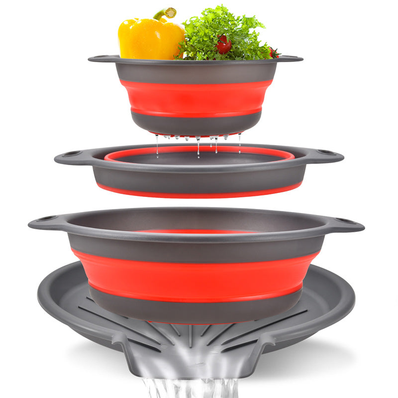 🥗 Lot de 3 passoires pliables avec base de drainage | Peu encombrantes et empilables | Poignées confortables | Pour fruits, légumes et pâtes 🍝