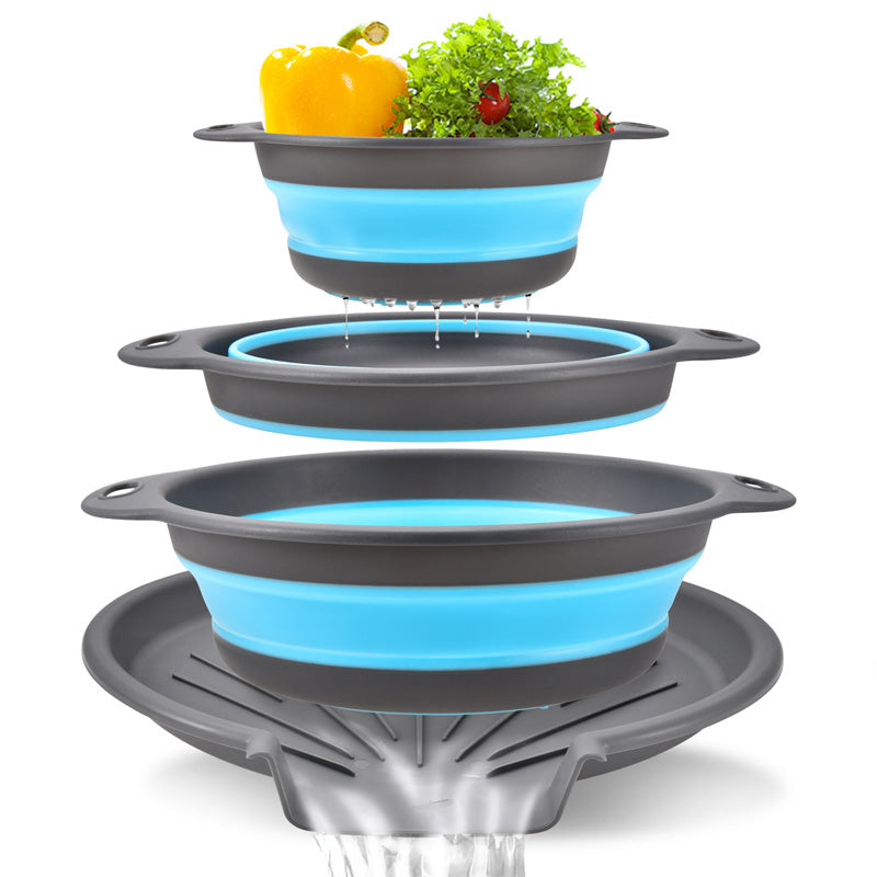 🥗 Lot de 3 passoires pliables avec base de drainage | Peu encombrantes et empilables | Poignées confortables | Pour fruits, légumes et pâtes 🍝