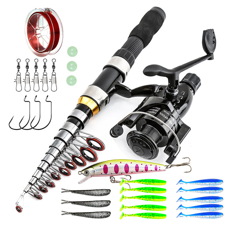 🎣Kit de Pêche Complet Portable | Canne Télescopique en Fibre de Verre 💪 | Moulinet Fluide et Appâts Inclus 🐟 | Idéal pour les Voyages et le Camping 🎒