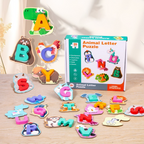 🧸 Jouet en bois avec lettres et animaux assortis | Apprenez l'alphabet en jouant 📚 | 26 pièces avec des illustrations d'animaux colorées 🐶 | Bords lisses et matériaux sûrs 🛡️ | Recommandé à partir de 3 ans 👶
