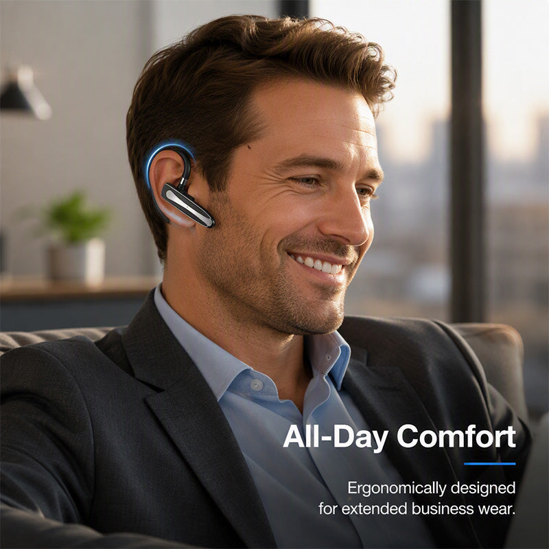 🎧 Oreillette Bluetooth Mono avec Serre-Tête Réglable | Double Microphone Anti-Bruit pour Appels Cristallins 🎙️ | Rotation à 180°, Droite ou Gauche 🔄 | IPX5 et Étui de Chargement 500 mAh 💦 | Idéal pour le Travail, les Réunions et les Voyages 🚗