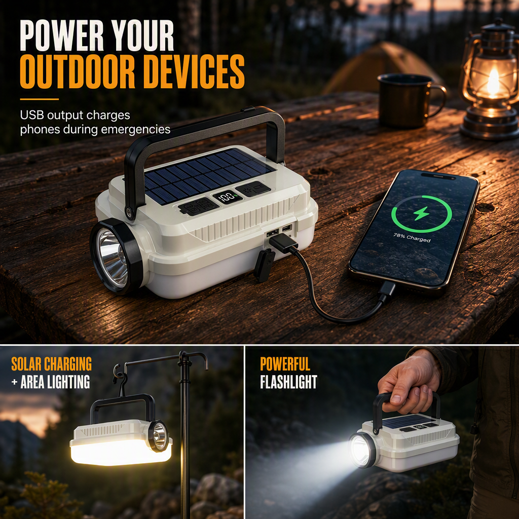 🏕️ Lanterne de Camping Solaire | 🔦 Lampe de Travail Multifonctionnelle | 🔋 Power Bank Intégrée | 🌧️ Résistante aux Intempéries
