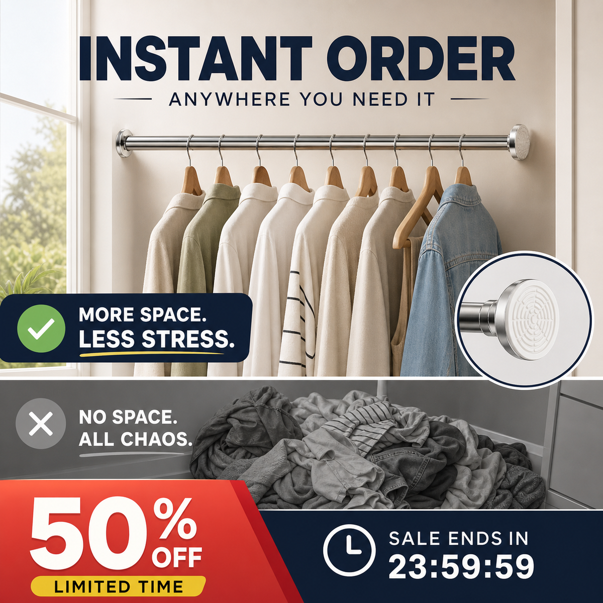 🏠 Tringle Télescopique Réglable Sans Perçage | Installation à Tension avec Embouts Antidérapants | Pour Rideaux et Vêtements 👕