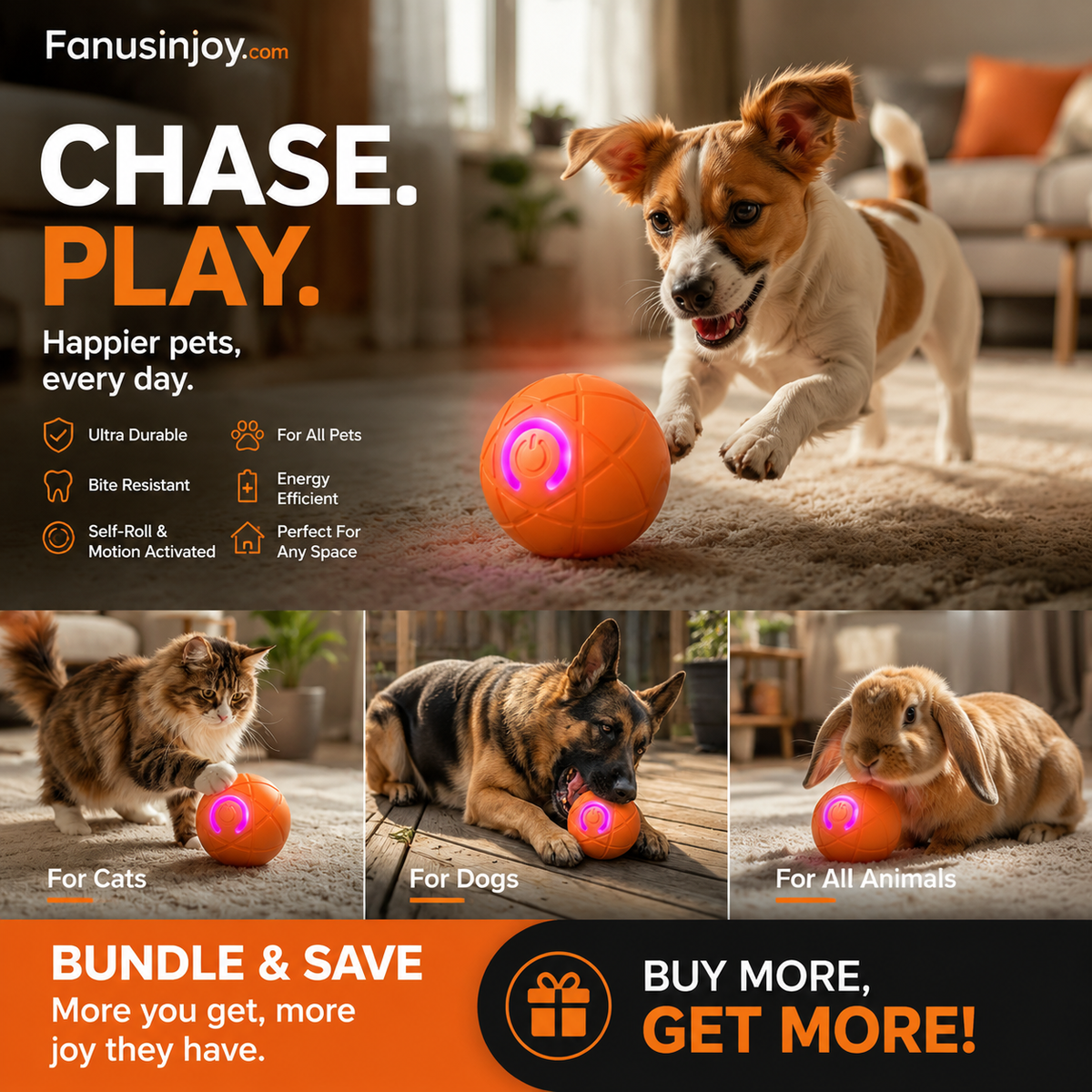 🐾⚽ Balle Intelligente Auto-Rebondissante pour Chiens et Chats – Matériau PC+TPE Sûr, Recharge USB Type-C, Ø52mm – Réduit l'Anxiété et l'Ennui, 2 Couleurs 🐶🐱