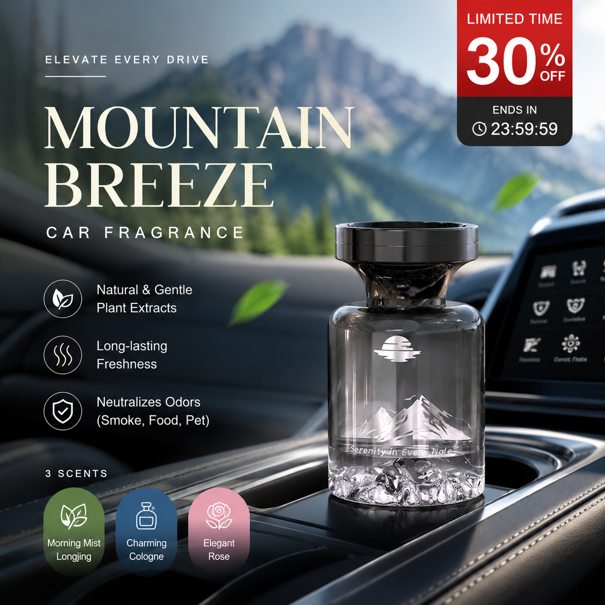 🌿 Désodorisant Voiture Design Montagne 110ml 🚗🏔️ - Extraits Naturels & Élimine les Odeurs | Parfum Longue Durée | 3 Parfums Premium (Longjing, Cologne, Rose) | Idéal pour Véhicules 💨