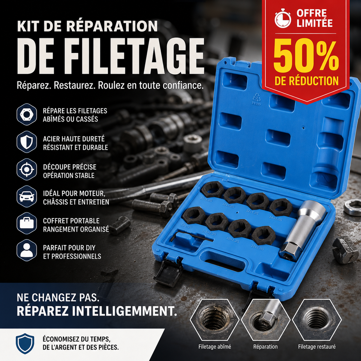 🔧✨ Kit Professionnel 10 Outils de Réparation de Filetages de Voiture – Répare les Vis et Boulons Endommagés, Universel – Indispensable pour Atelier & Bricolage 🚗🛠️