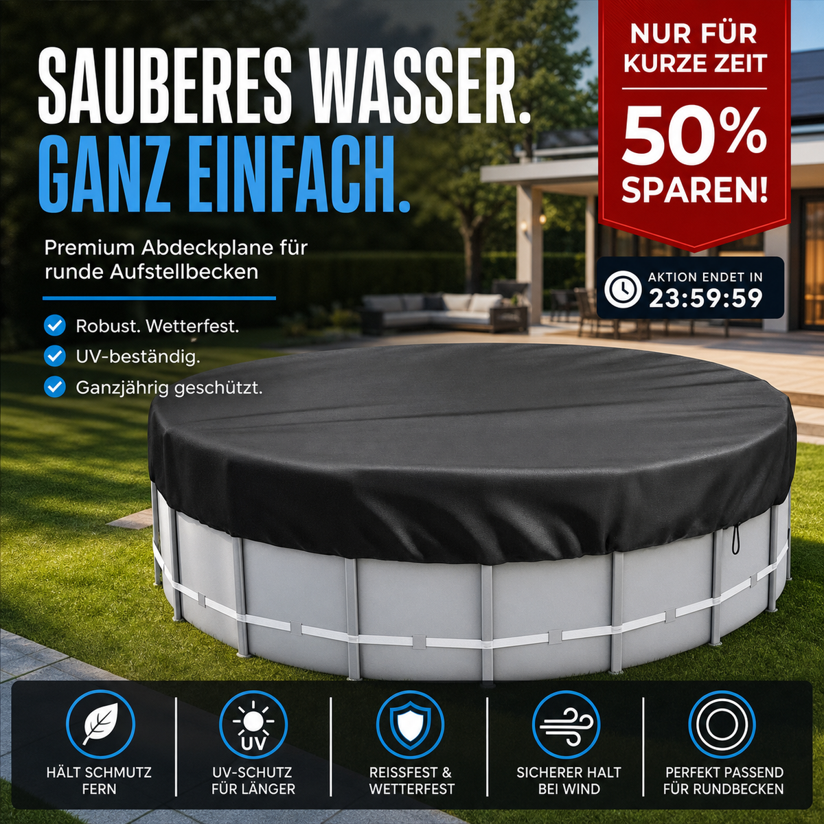 🏊 Bâche de Piscine Imperméable en Tissu Oxford 210D – Protection Robuste Anti-UV & Poussière, Piscines Hors Sol – 5 Tailles : 210–750cm 🛡️